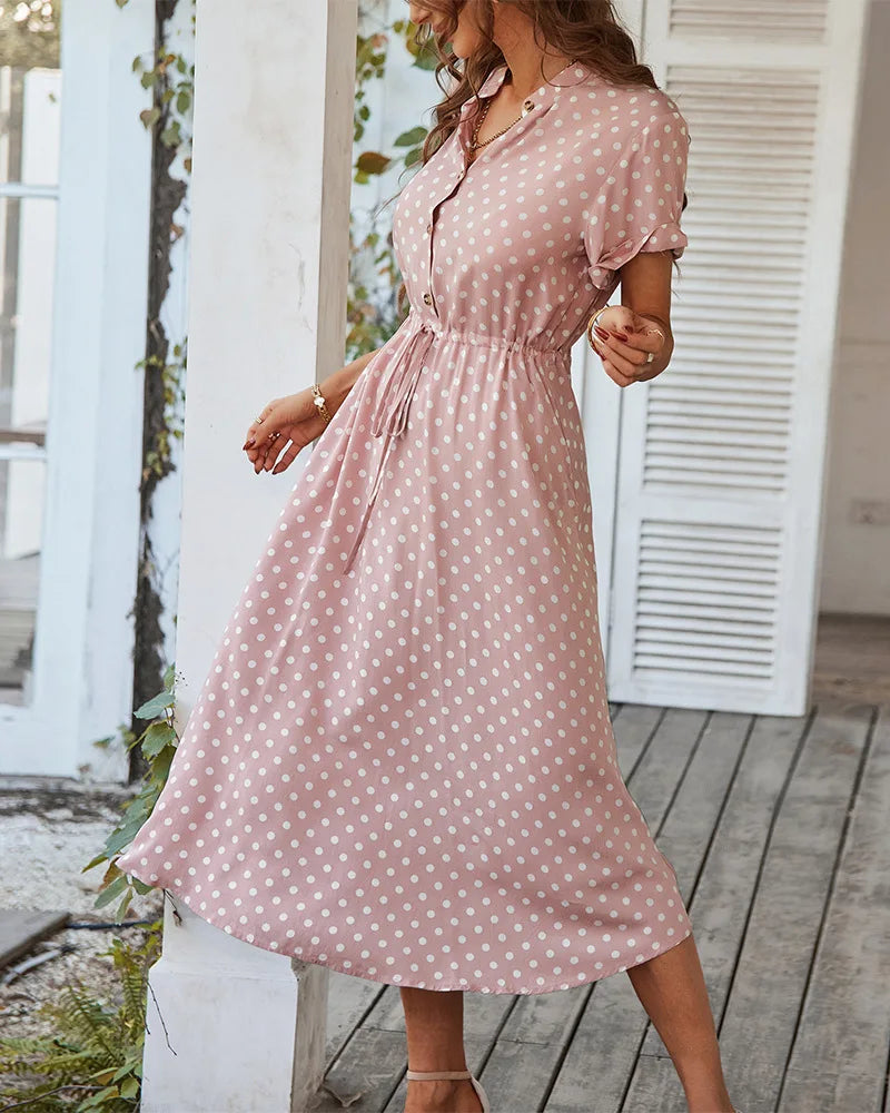 Polka Dot Print Casual Summer Shirt Midi Dress