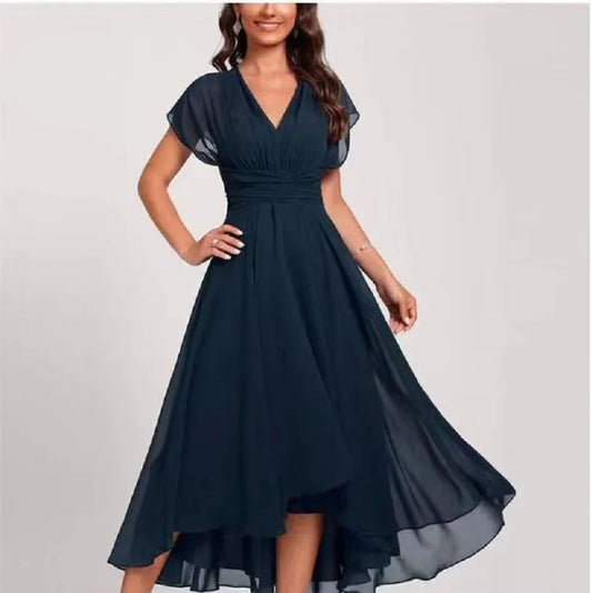 Elegant Chiffon A-Line Dress – V-Neck, Batwing Sleeve