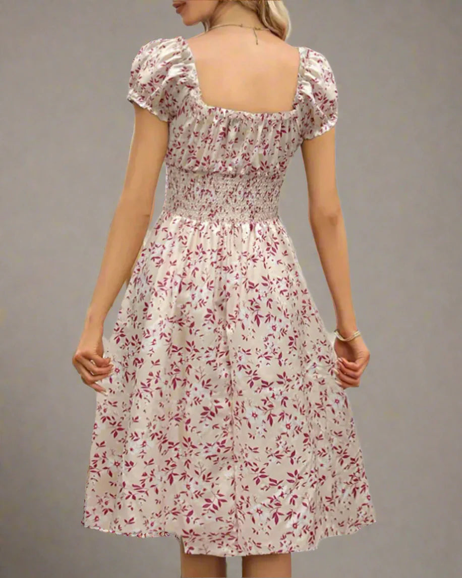 French-Style Floral Sundress with Ruffled Puff Sleeves