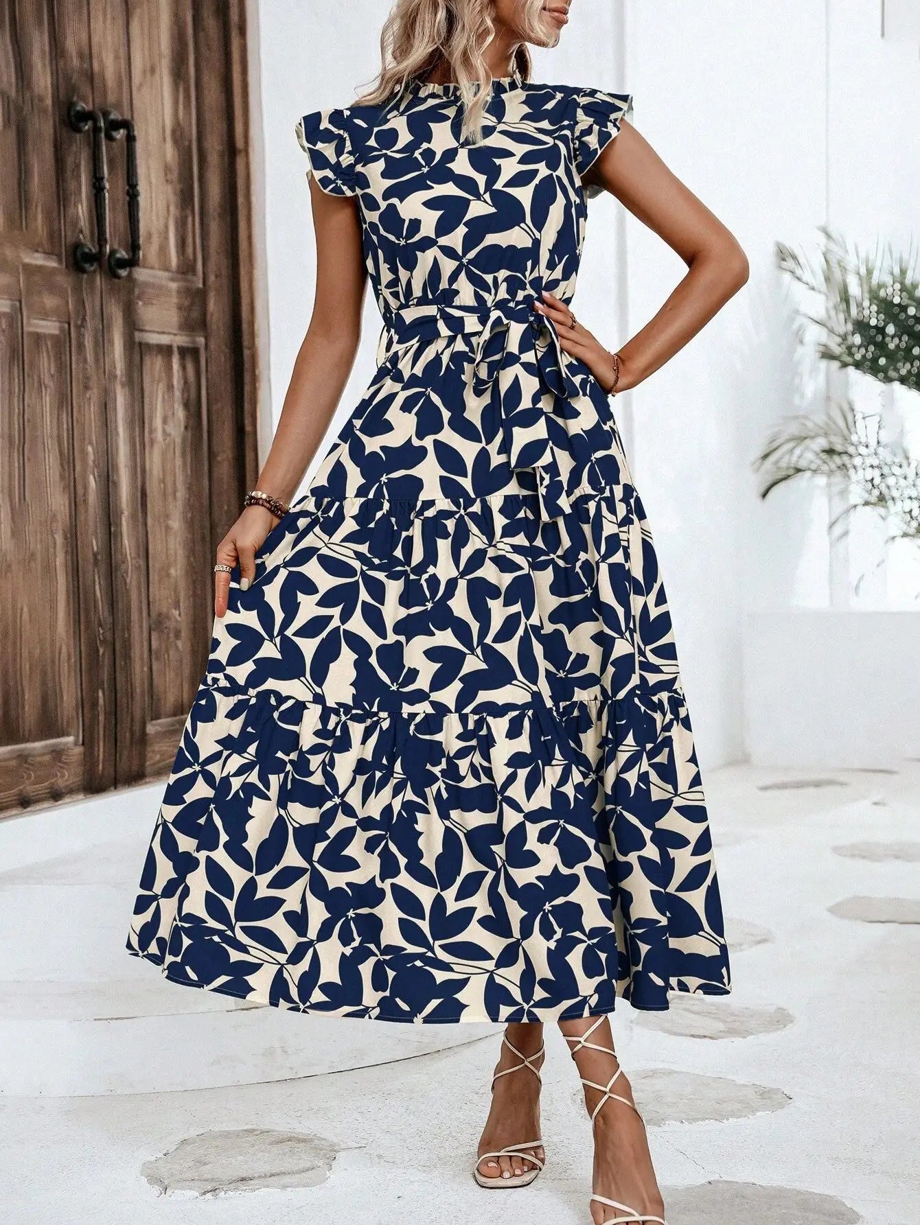 Leaf Print Midi Dress with Flying Sleeves and Lace-Up Waist