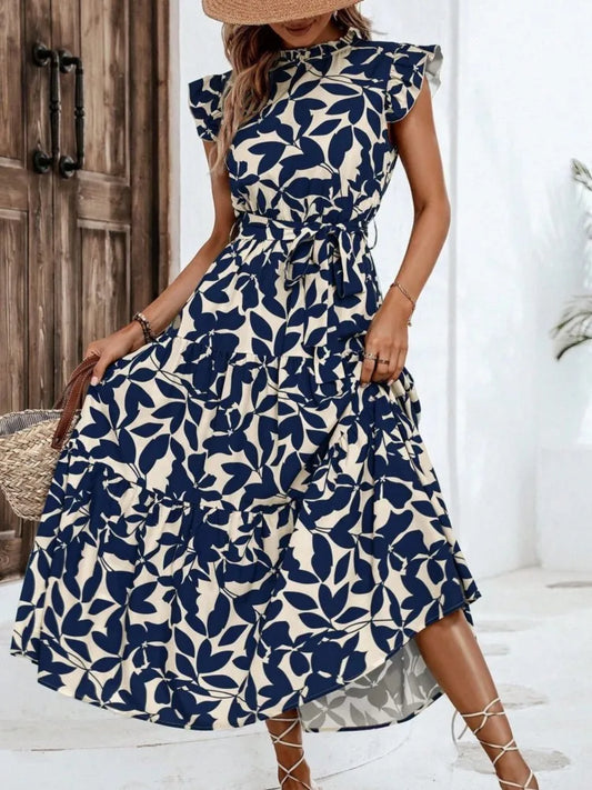 Leaf Print Midi Dress with Flying Sleeves and Lace-Up Waist