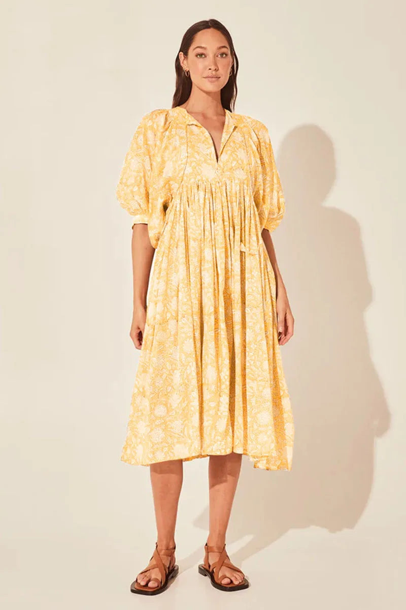 Boho Vintage Floral Puff Sleeve Patchwork Pleated Dress