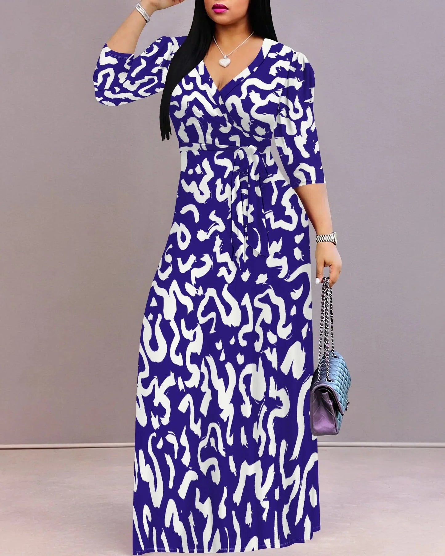 Flatter Every Curve Plus Size V-Neck Maxi Dress with Belt