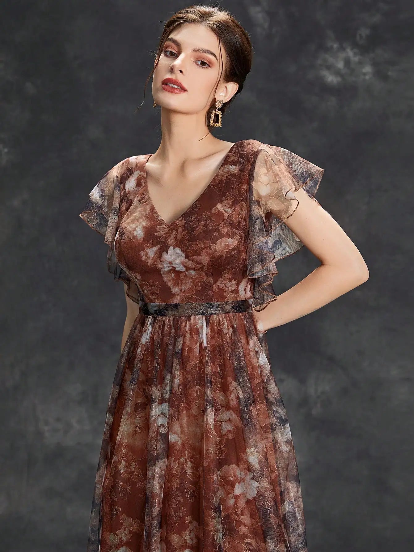 V-Neck Ruffled Lace Evening Gown – Ankle-Length Dress