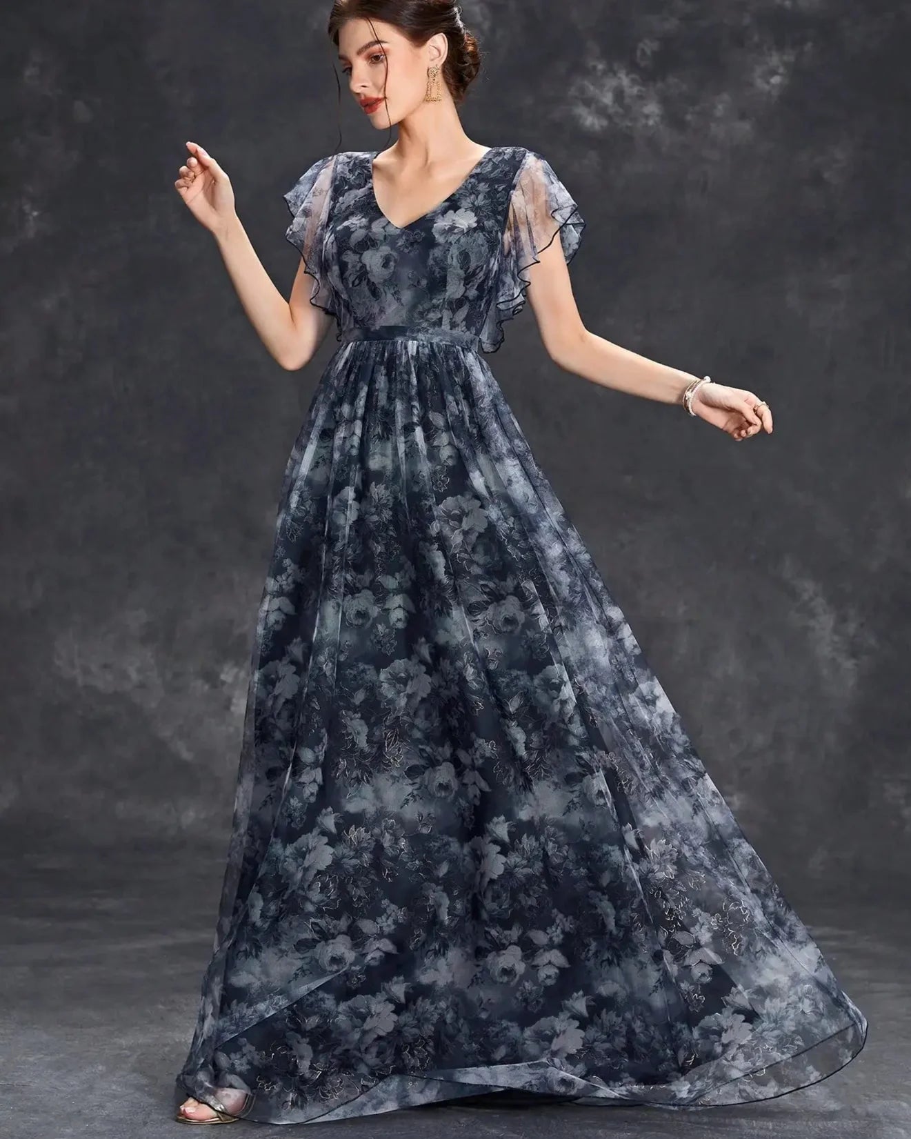 V-Neck Ruffled Lace Evening Gown – Ankle-Length Dress