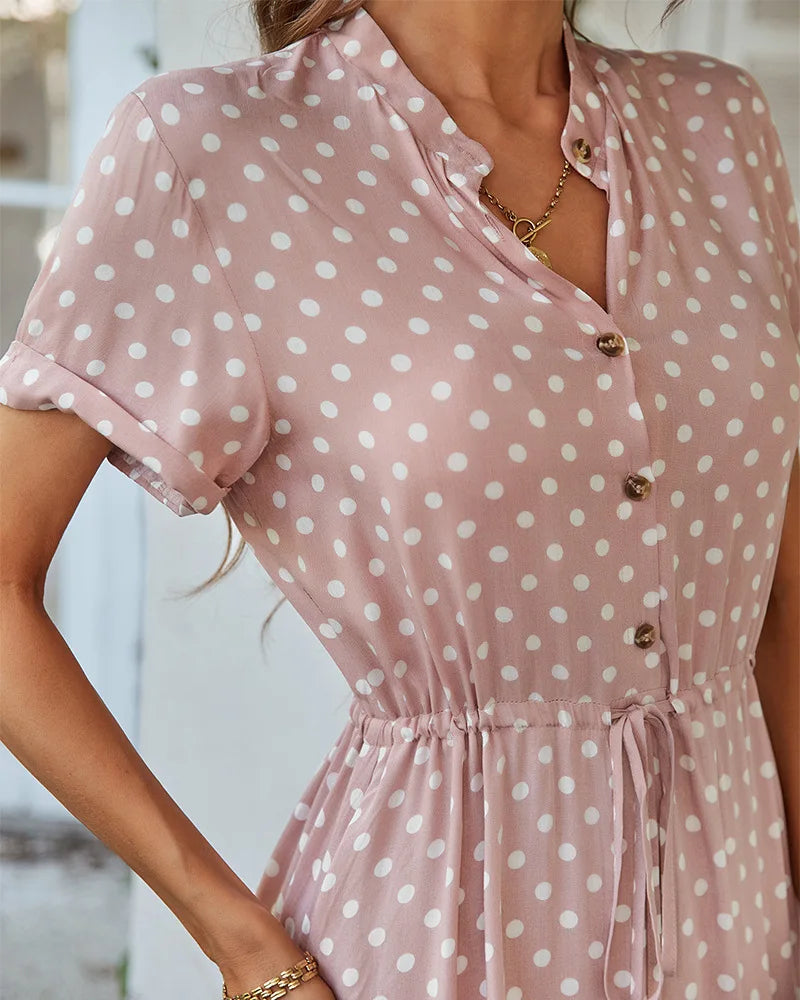 Polka Dot Print Casual Summer Shirt Midi Dress