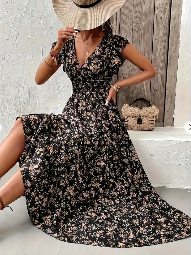 Plus Size Floral Maxi – V-Neck Ruffle Sleeve Dress
