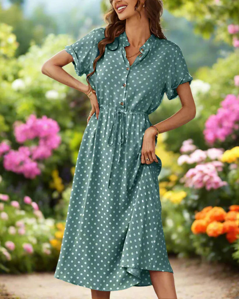 Polka Dot Print Button-Up Midi Shirt Dress