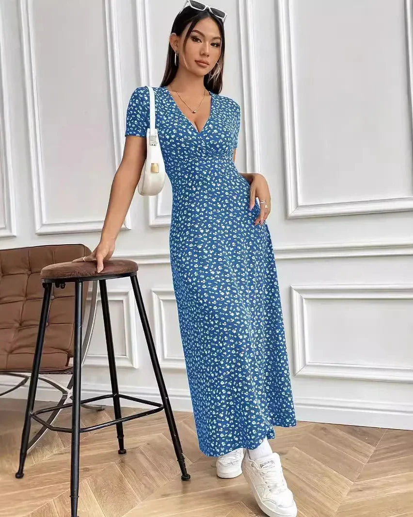 Floral V-Neck Short Sleeve Commuter Style Dress