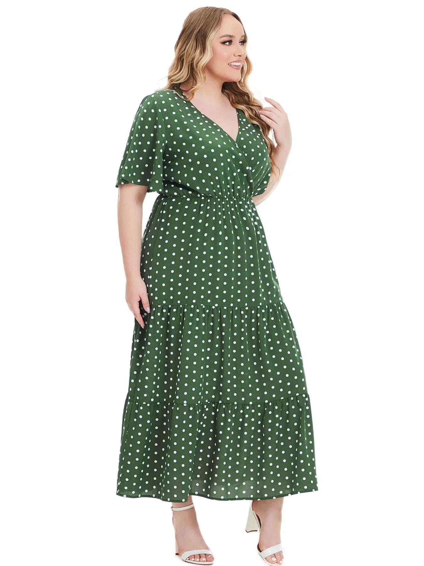 Plus Size Polka Dot V-Neck Boho Maxi Dress