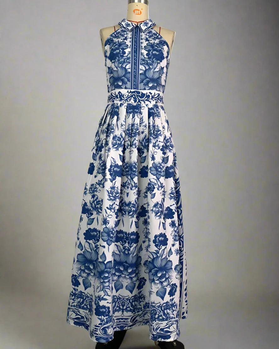 Blue Print Lapel Neck Sleeveless Floral Maxi Dress