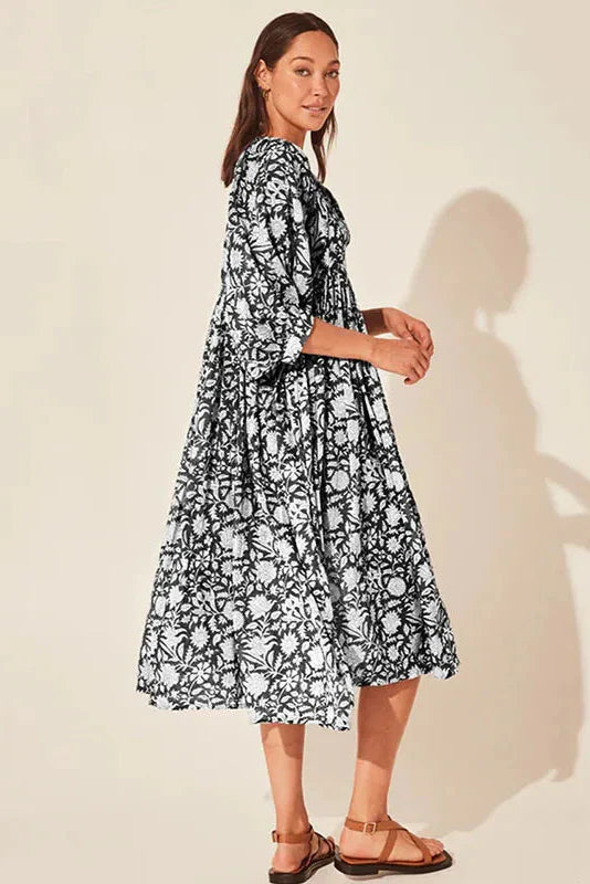 Boho Vintage Floral Puff Sleeve Patchwork Pleated Dress