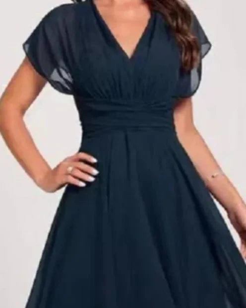 Elegant Chiffon A-Line Dress – V-Neck, Batwing Sleeve