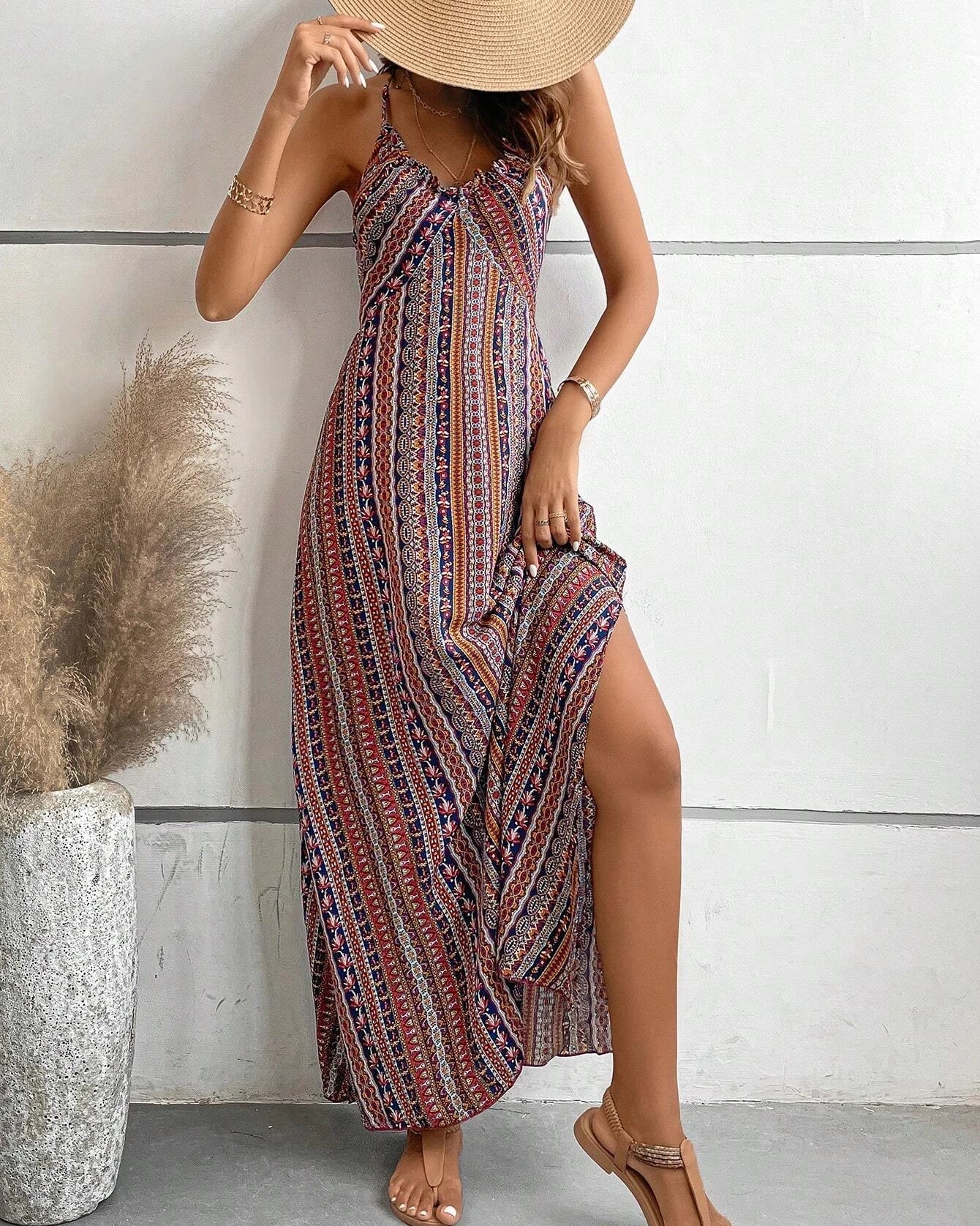 Women's Summer Ethnic Pattern Backless Split Thigh Dress