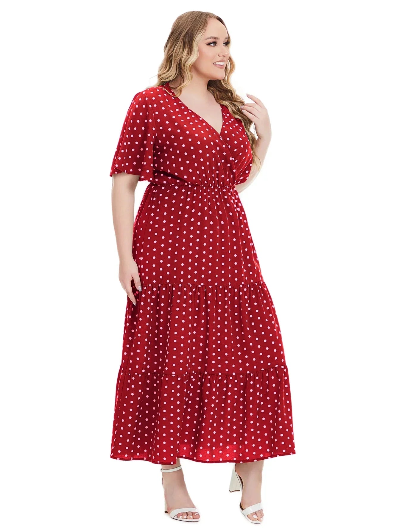 Plus Size Polka Dot V-Neck Boho Maxi Dress
