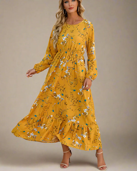 Yellow Floral Print Casual O-Neck Long Sleeve Maxi Dress
