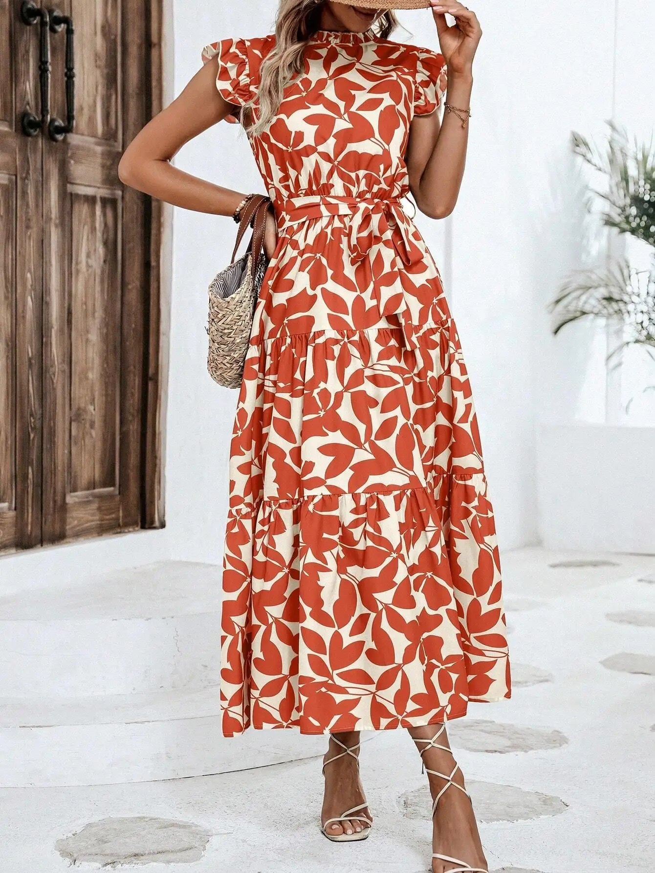 Leaf Print Midi Dress with Flying Sleeves and Lace-Up Waist