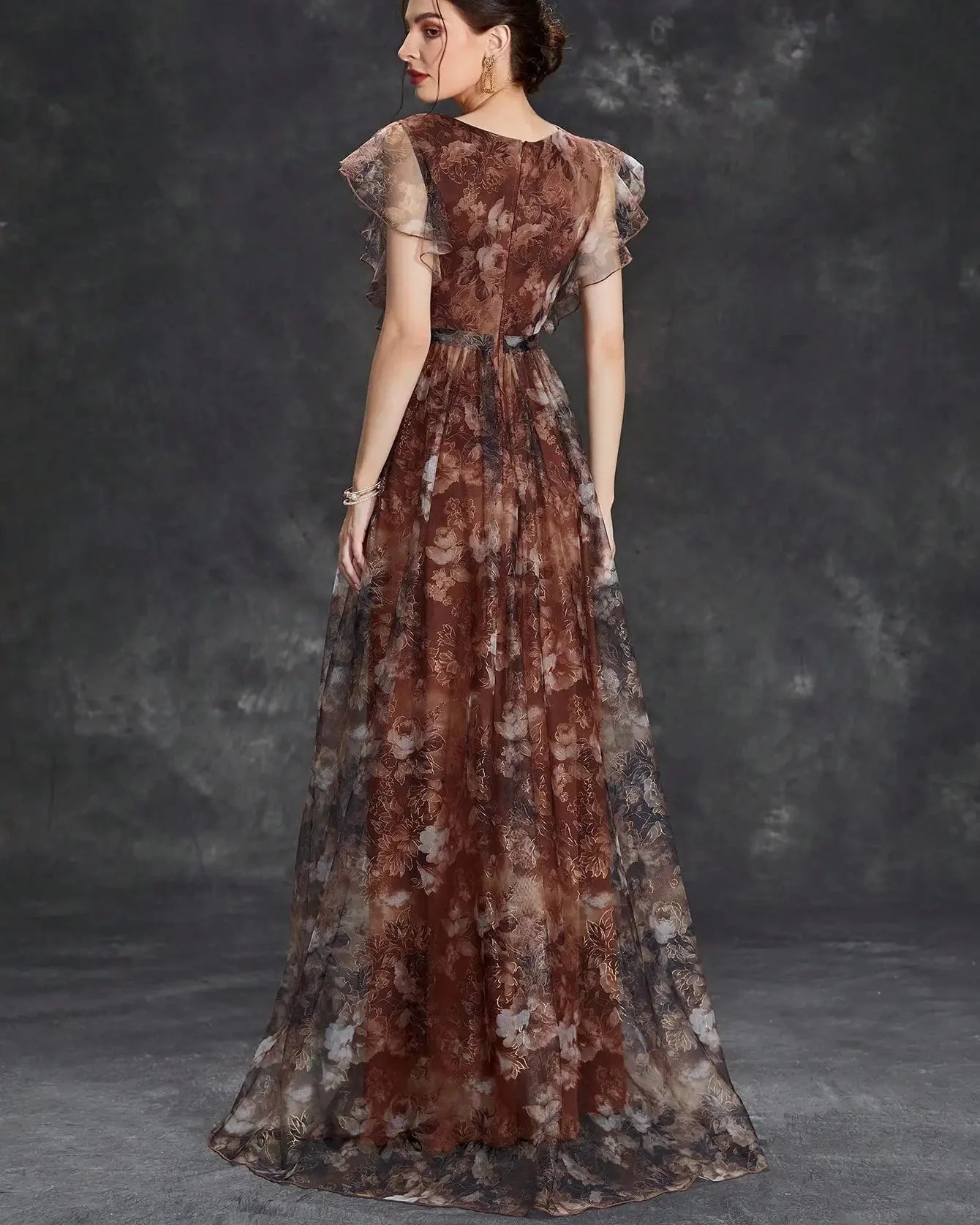 V-Neck Ruffled Lace Evening Gown – Ankle-Length Dress
