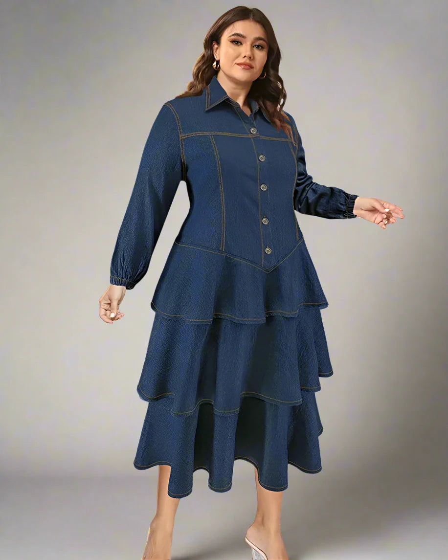 Plus Size Denim Shirt Dress Tiered Maxi Long Sleeve Dress