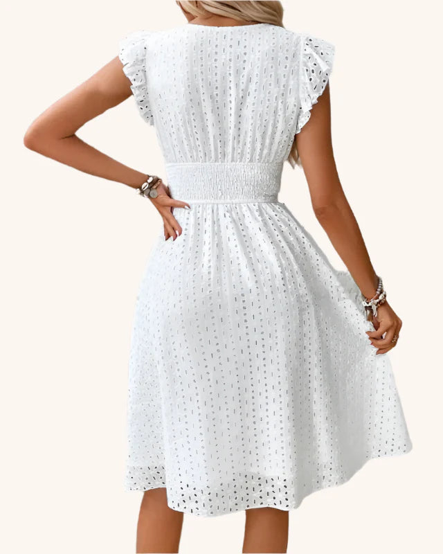 Summer V-Neck Beach Dress with Flare Sleeves & Lace Waist