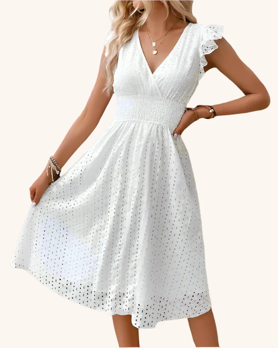 Summer V-Neck Beach Dress with Flare Sleeves & Lace Waist