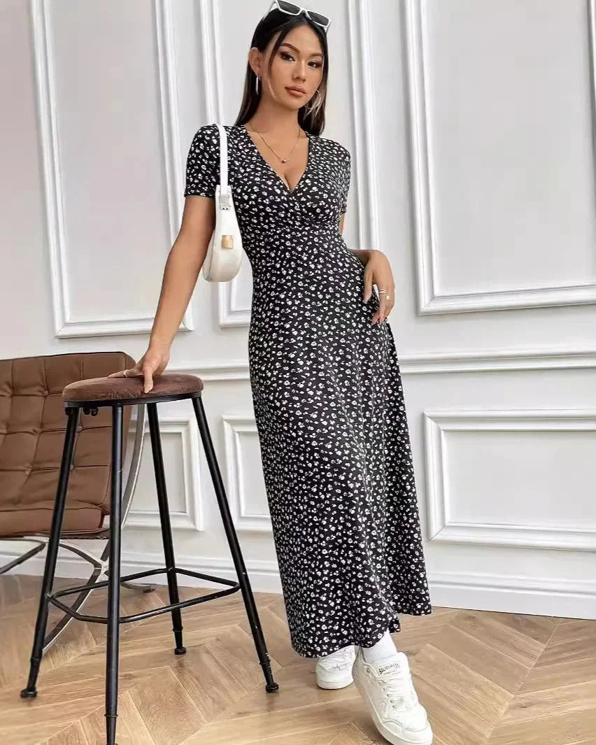 Floral V-Neck Short Sleeve Commuter Style Dress