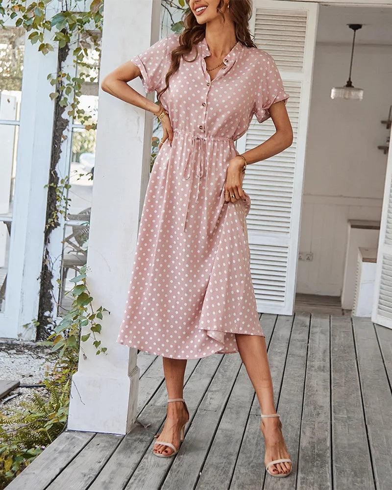 Polka Dot Print Casual Summer Shirt Midi Dress