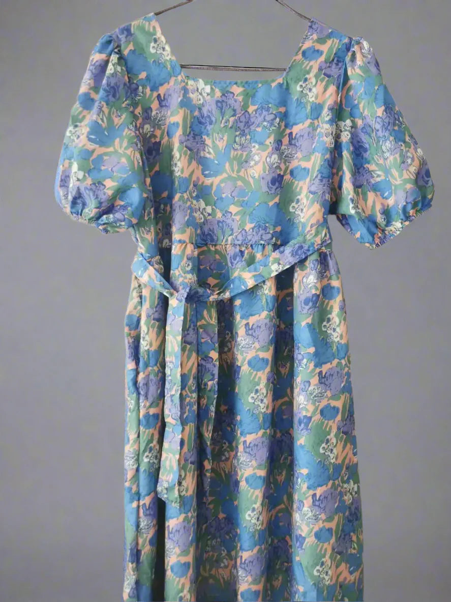 Women’s Chic Floral Long Dress – Casual Puff Sleeves