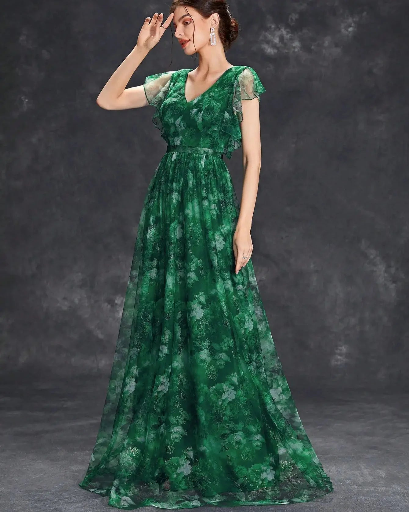 V-Neck Ruffled Lace Evening Gown – Ankle-Length Dress