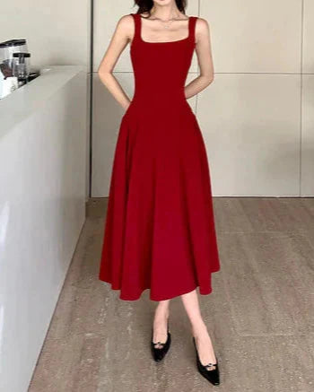 Square Collar Sleeveless A-Line Midi Dress