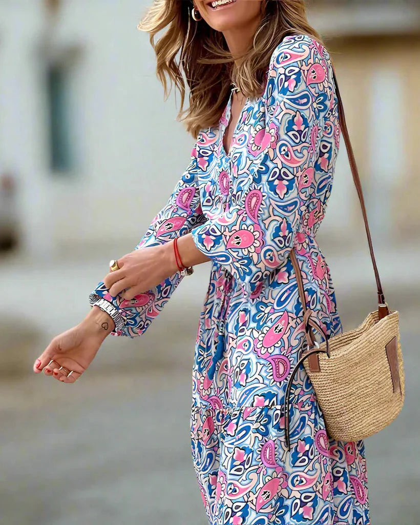 Bohemian V-Neck, Long Sleeve, High Waist Dress