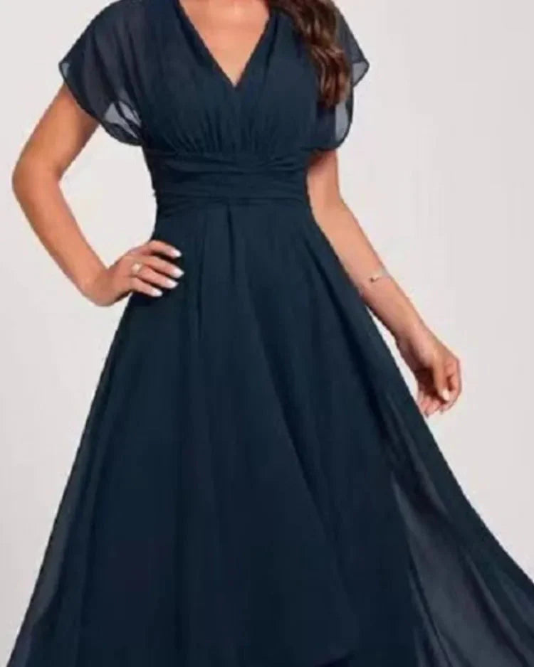 Elegant Chiffon A-Line Dress – V-Neck, Batwing Sleeve