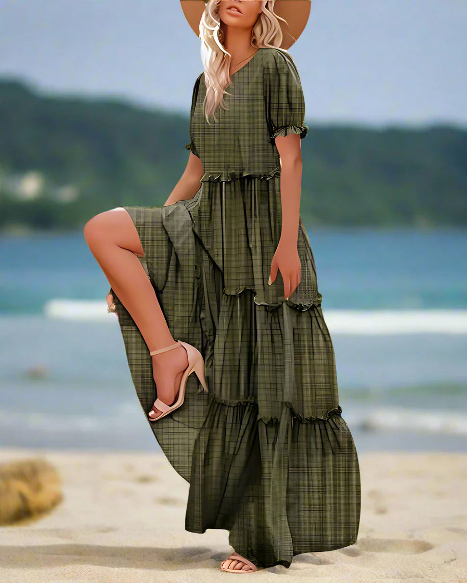 Bohemian Floral Maxi Dress with Puff Sleeves Skirt