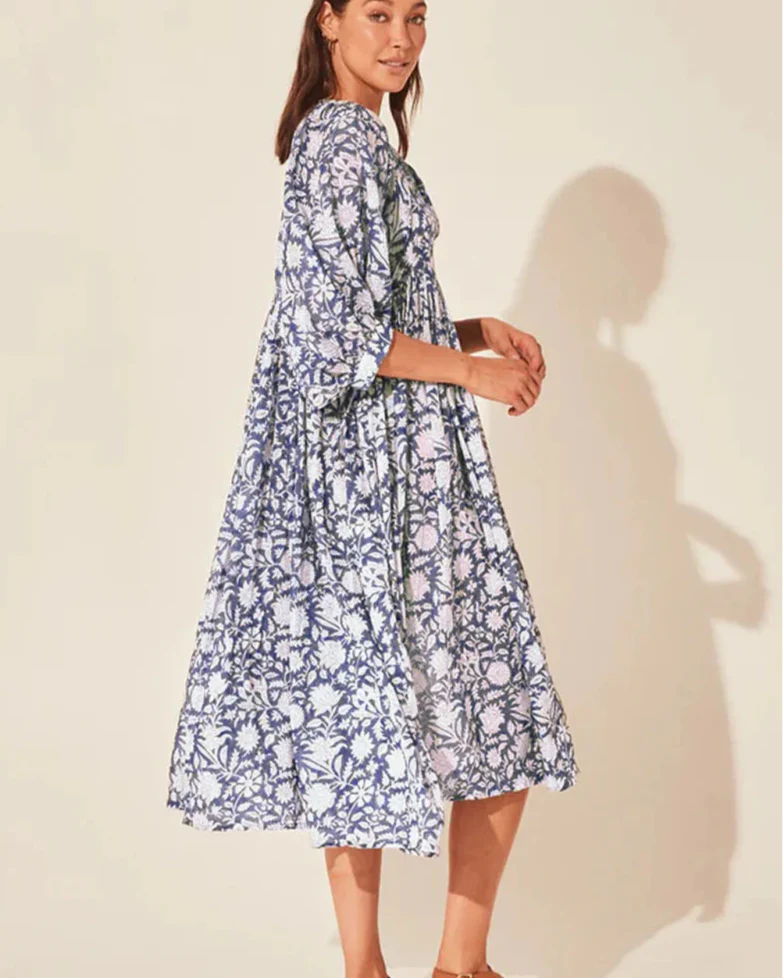 Boho Vintage Floral Puff Sleeve Patchwork Pleated Dress