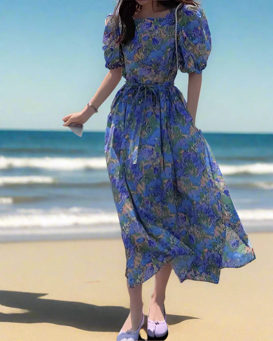 Women’s Chic Floral Long Dress – Casual Puff Sleeves