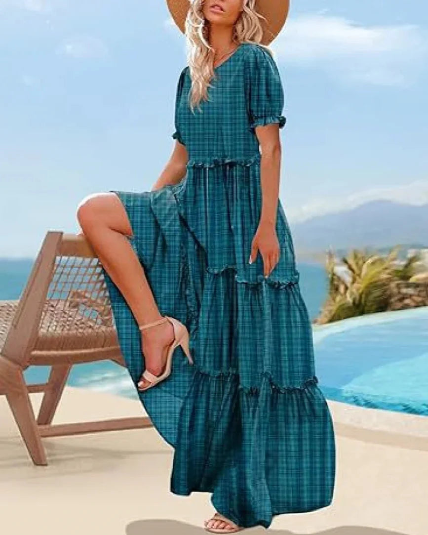 Bohemian Floral Maxi Dress with Puff Sleeves Skirt