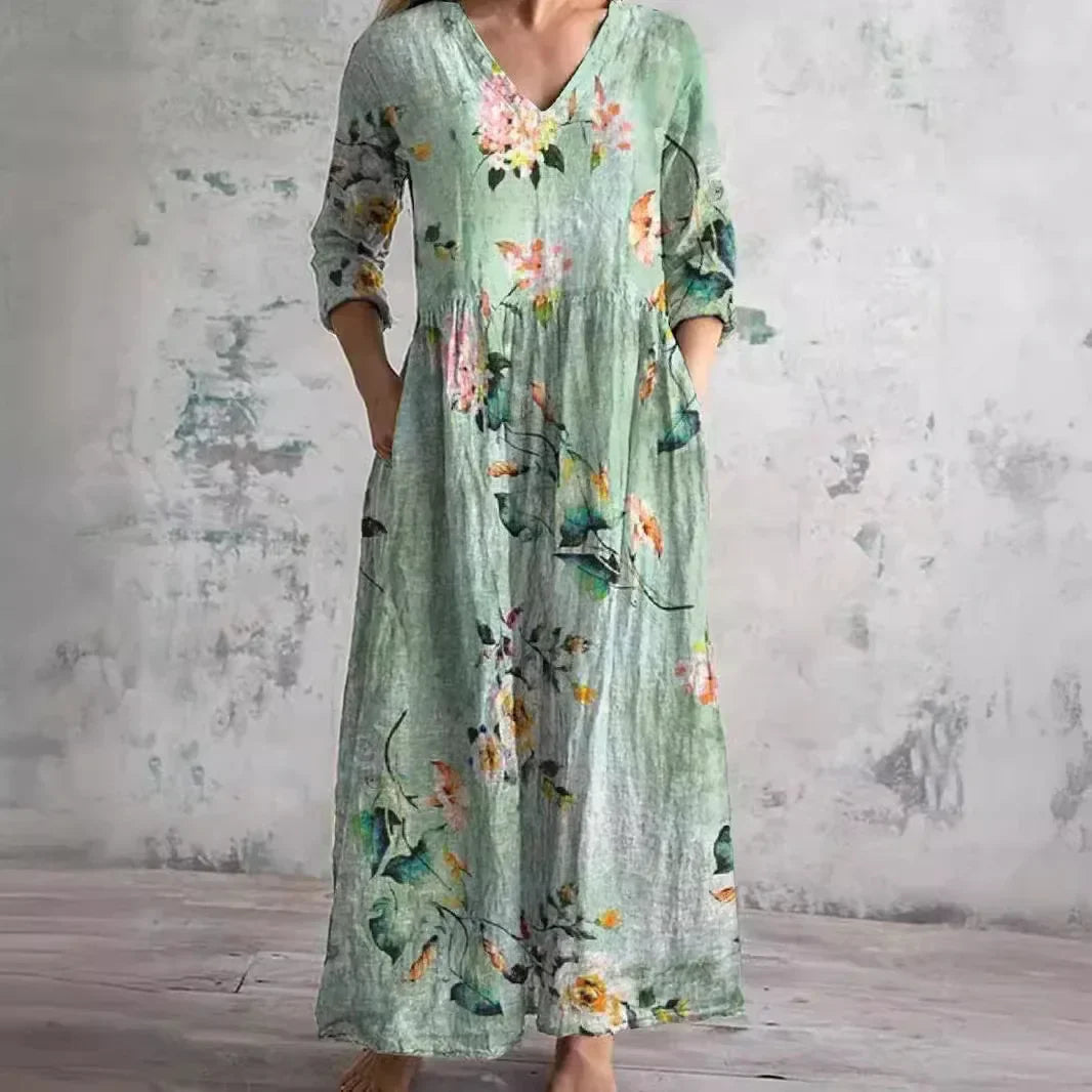 Casual Floral Print Mid-Length V-Neck Midi Dress