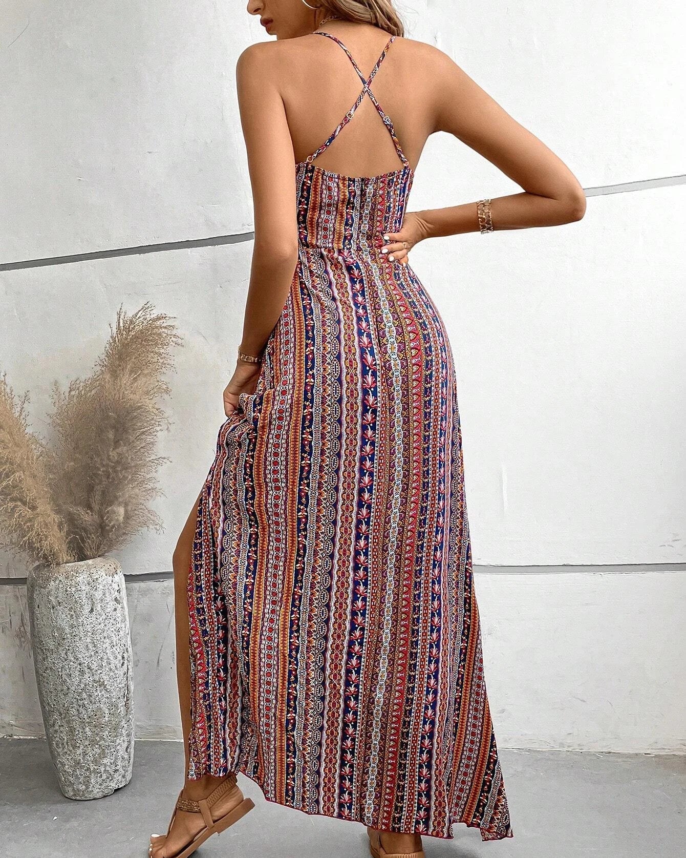 Women's Summer Ethnic Pattern Backless Split Thigh Dress