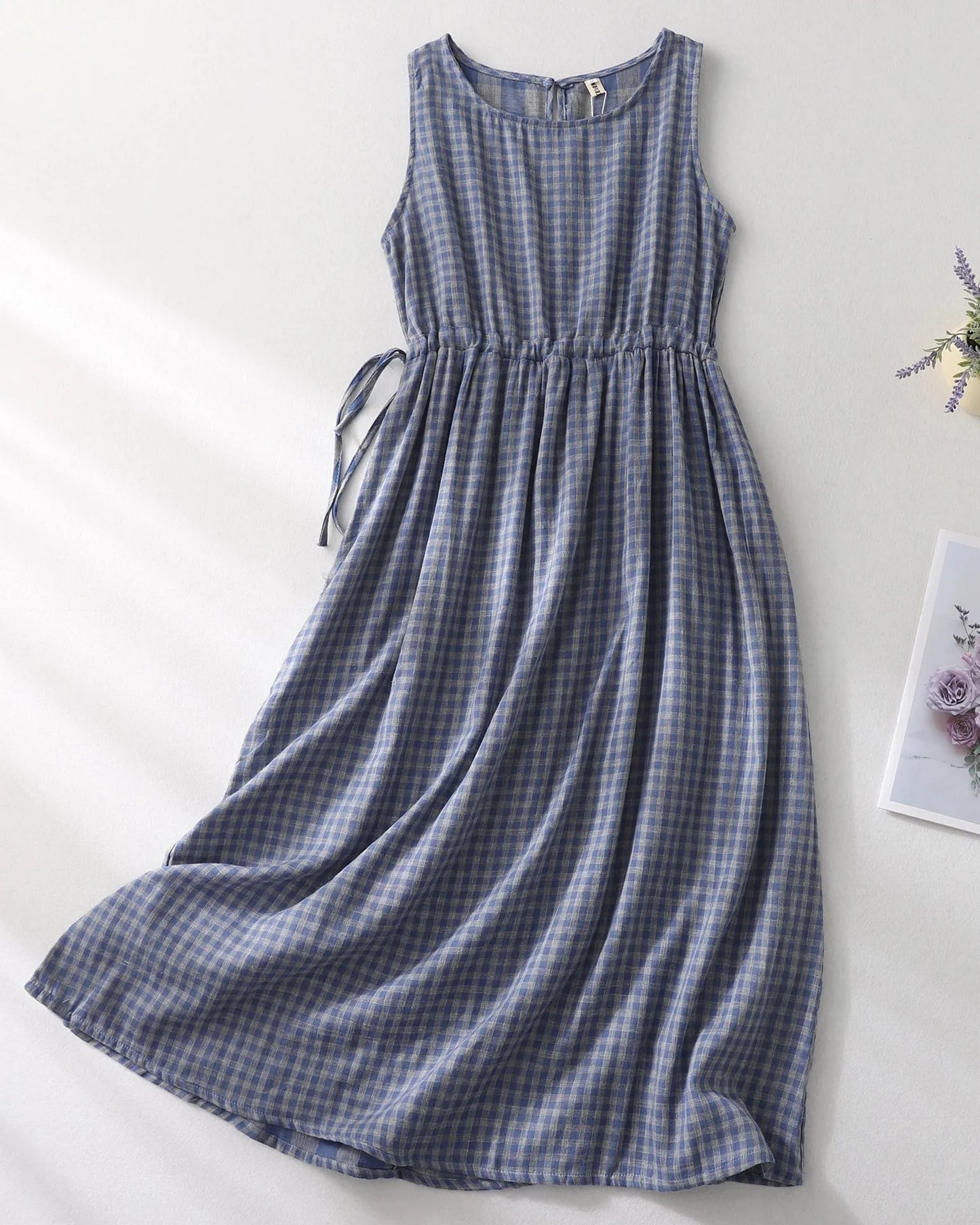 Sleeveless Midi Dress Drawstring A-Line Dress with Pockets