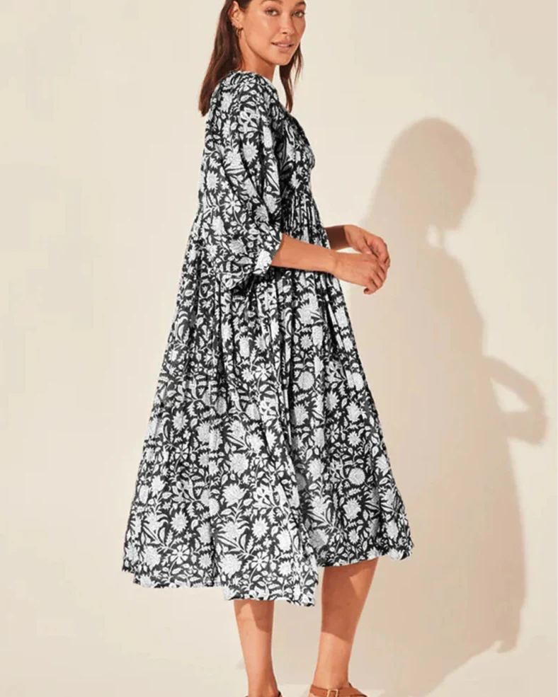 Boho Vintage Floral Puff Sleeve Patchwork Pleated Dress
