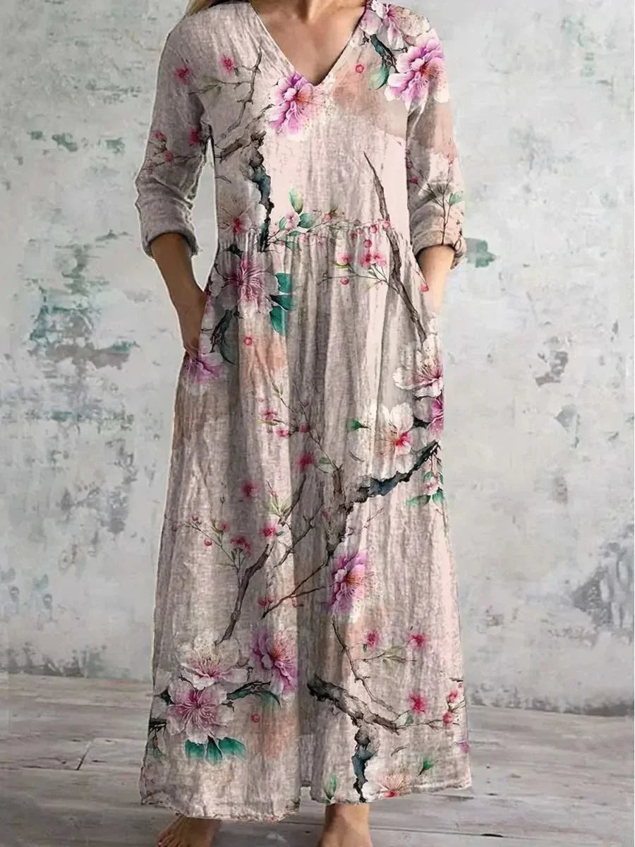 Casual Floral Print Mid-Length V-Neck Midi Dress