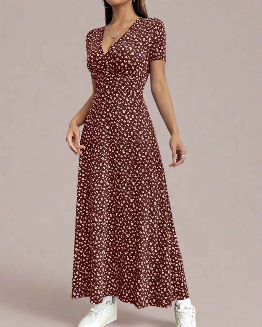 Floral V-Neck Short Sleeve Commuter Style Dress