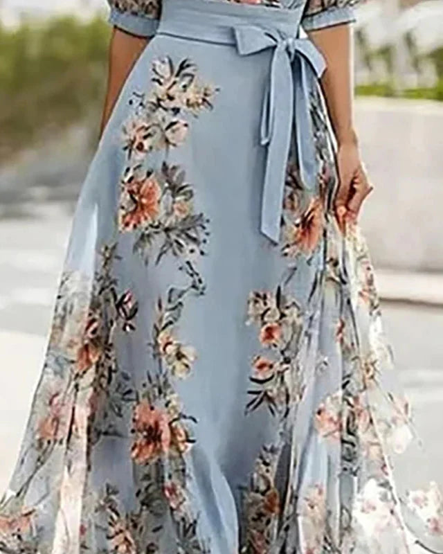 Floral Print V-Neck Tie-Up Maxi Dress