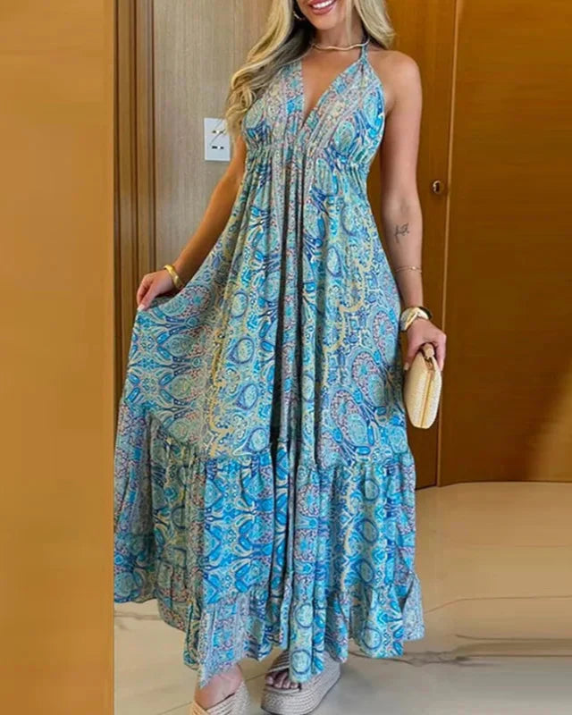 Bohemian Halter Maxi Dress Backless Pleated A-Line Dress