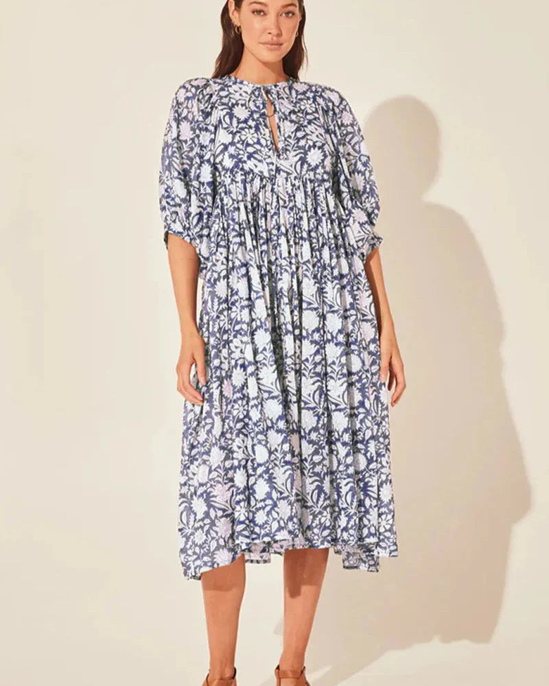 Boho Vintage Floral Puff Sleeve Patchwork Pleated Dress