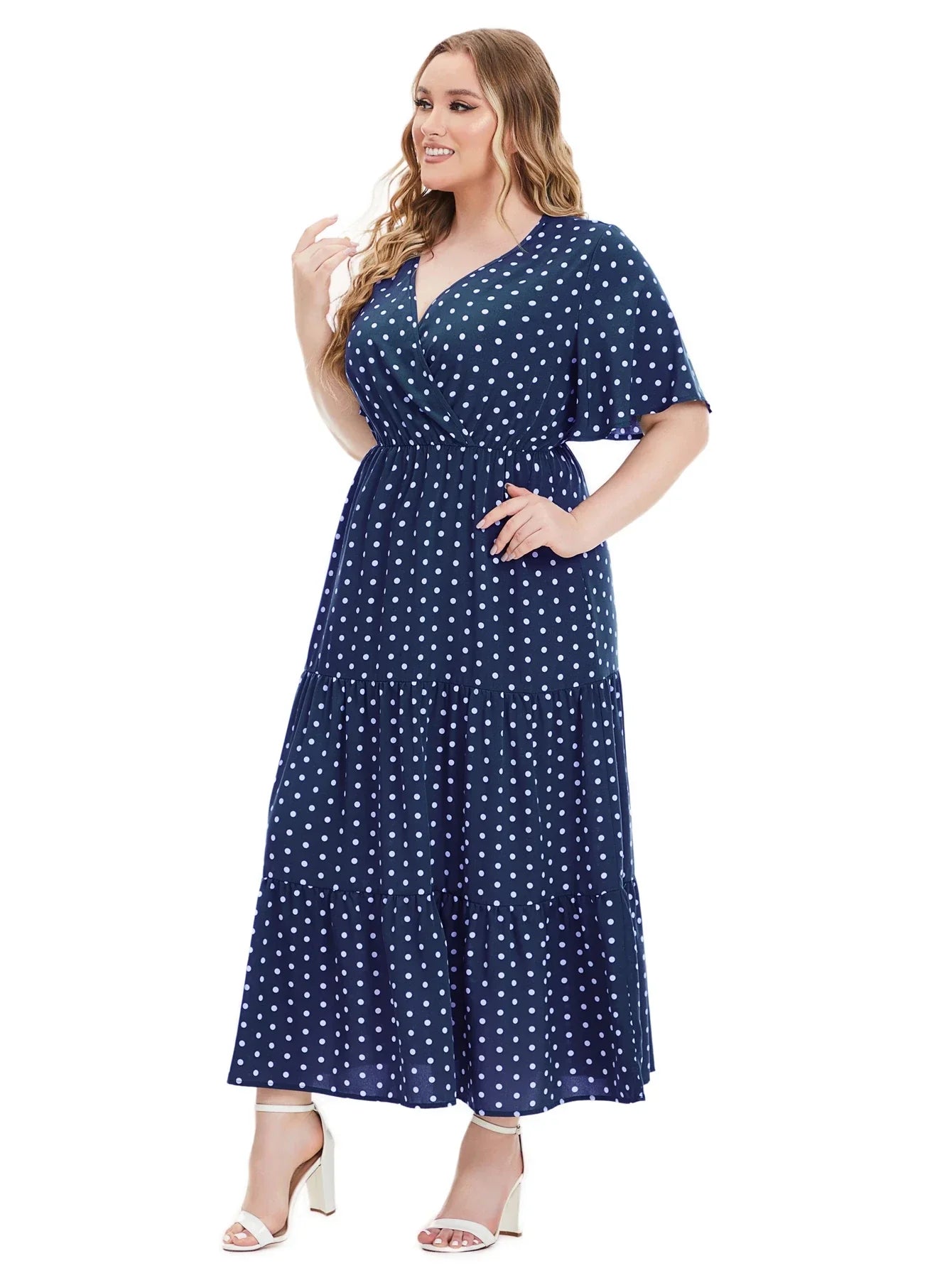 Plus Size Polka Dot V-Neck Boho Maxi Dress