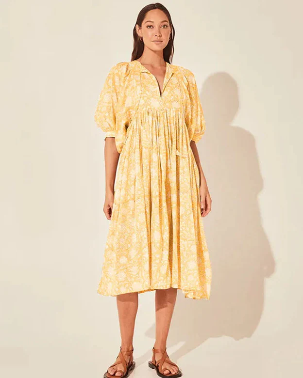 Boho Vintage Floral Puff Sleeve Patchwork Pleated Dress