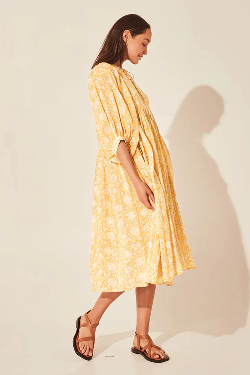 Boho Vintage Floral Puff Sleeve Patchwork Pleated Dress