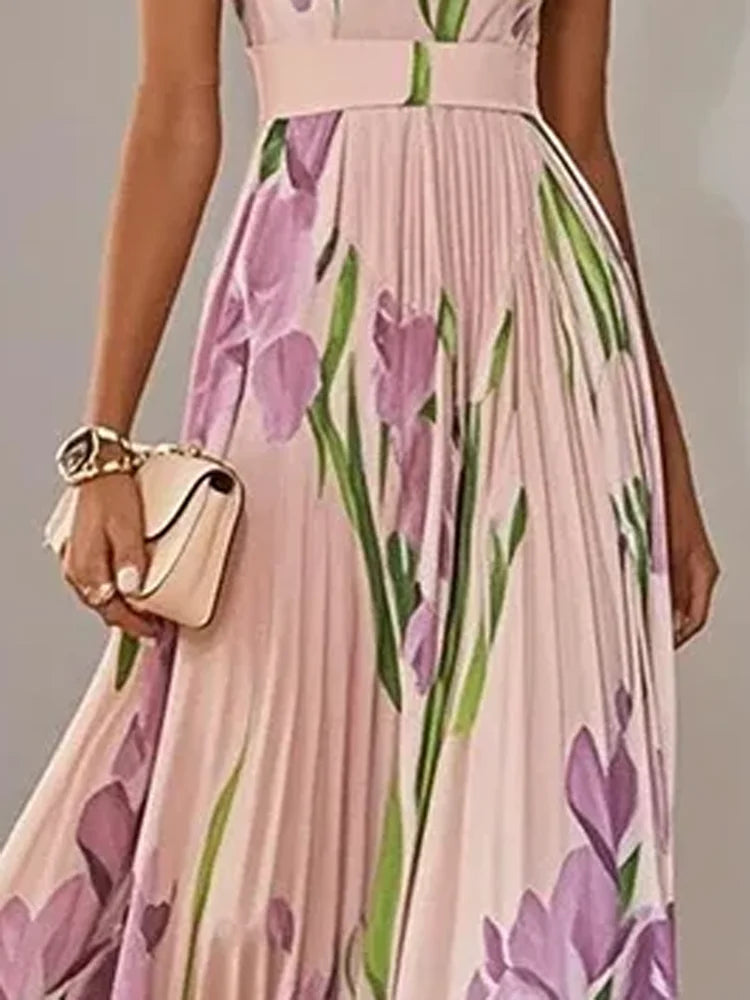 Sleeveless Floral Print Long Dress – Square Neck & Strappy Fit