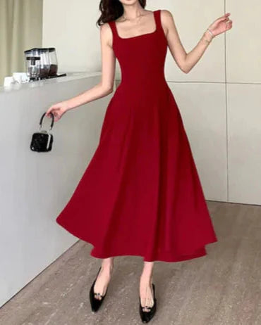 Square Collar Sleeveless A-Line Midi Dress